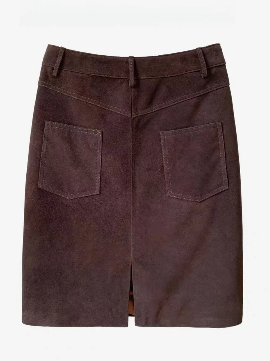 Spring Genuine  Suede Real Leather Pencil Skirt Side Slit Soft Lambskin Midi Skirt with Knee Length Women Korean Women Coffee