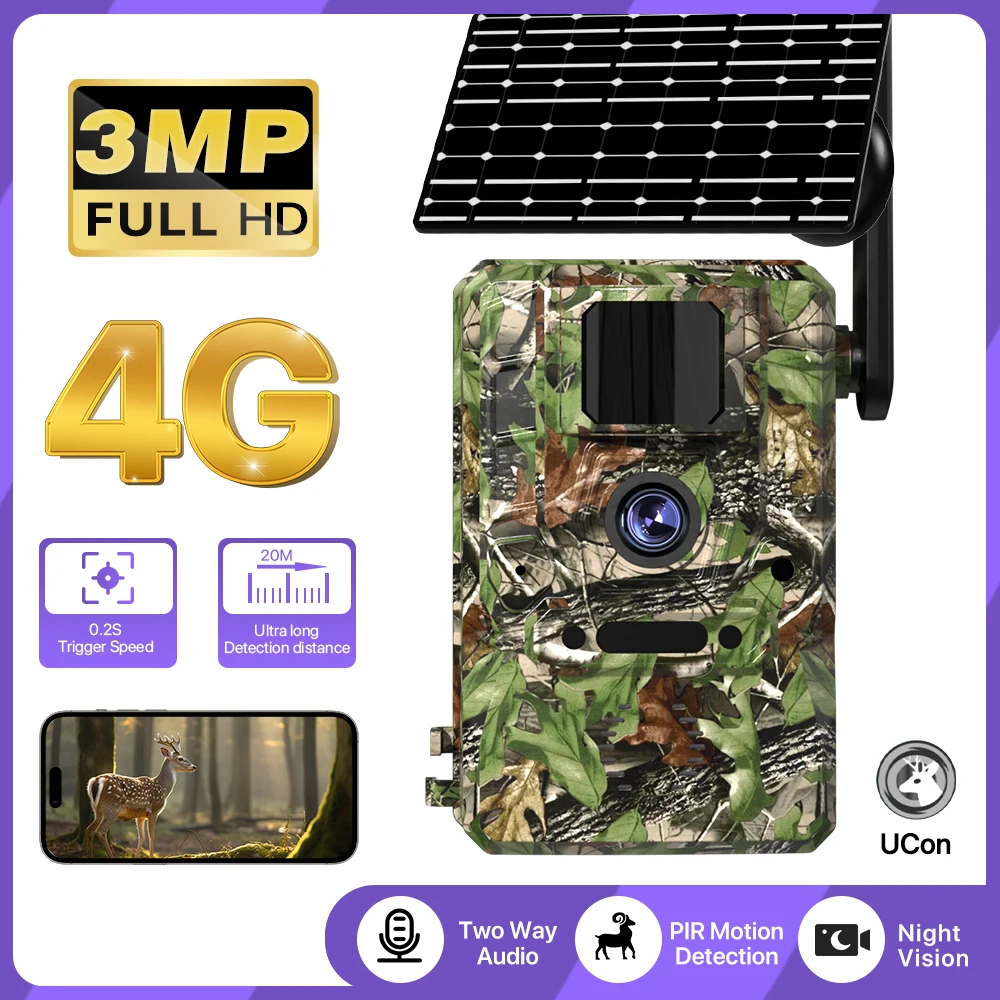 4G LTE Cellular Trail Camera Solar Power 3MP HD IP66 Waterproof PIR Animal And Human Detection Camouflage Outdoor Monitor UBox