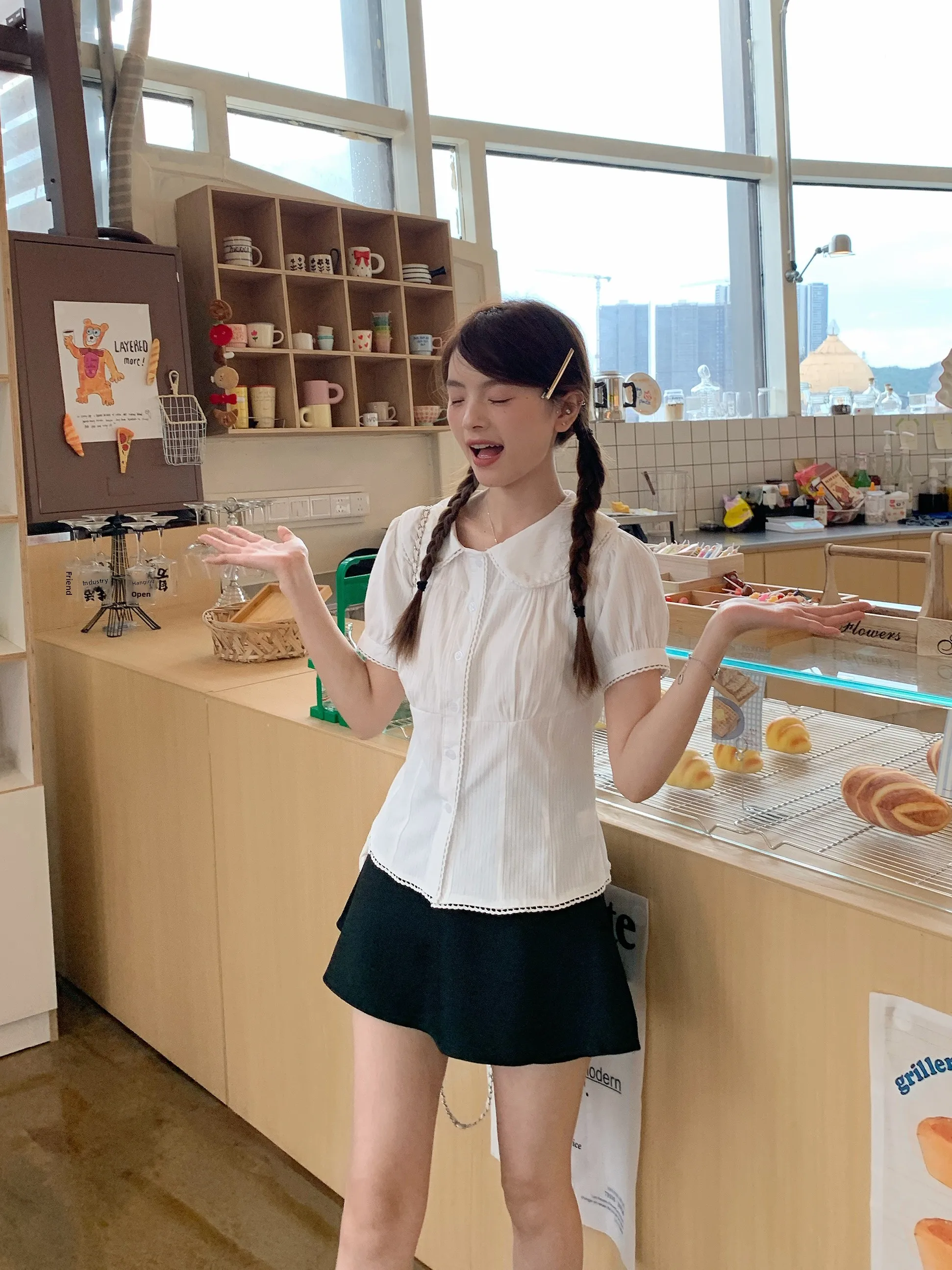 FAN Pop Kraag ort Sve Dames Bubble Sve irt Taille Cinched Wit irt Jennie Zomer Top Koreaanse Sle Pendelen Katoen