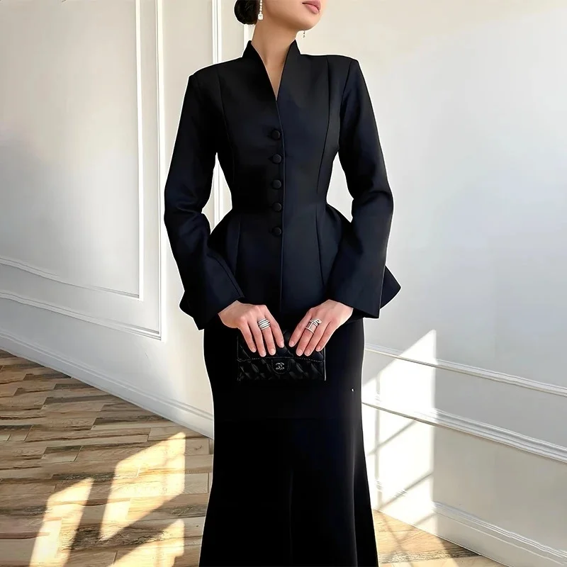 2026 ElegantSolid Stand Collar Women Blazer Set Hip Package Slim Lady Long Skirts Sets