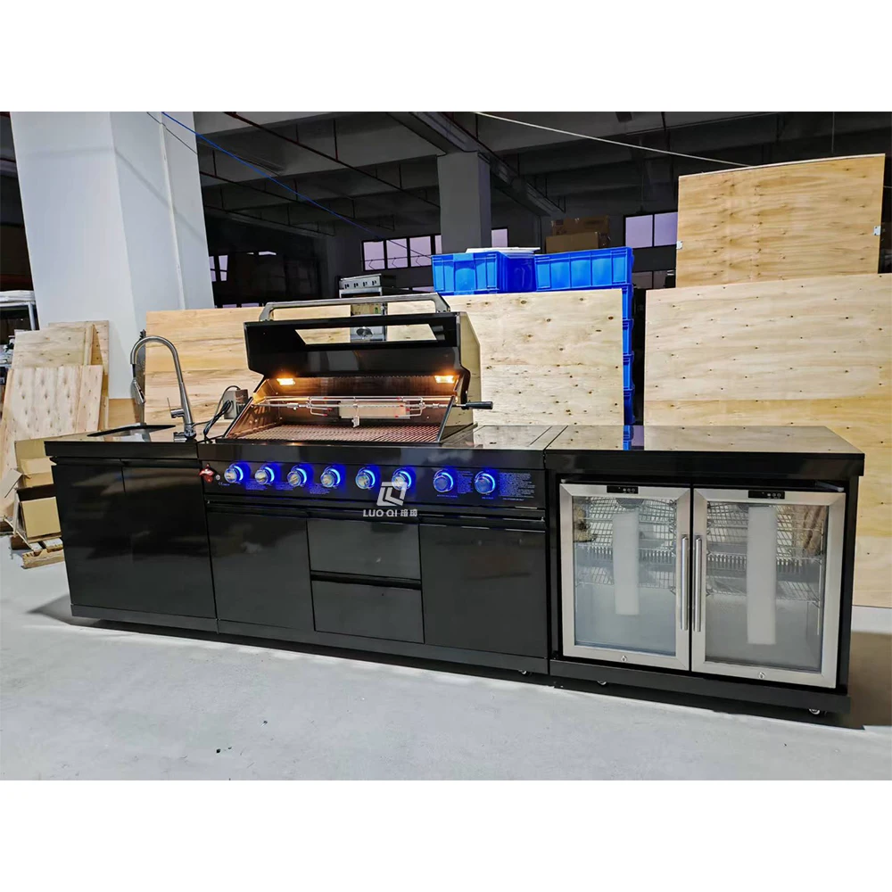 304 Stainless Steel Home Use Garden Outdoor Kitchen Cabinet Full Set Island Gas Built in BBQ Grill Black Steel Outdoor Kitchen