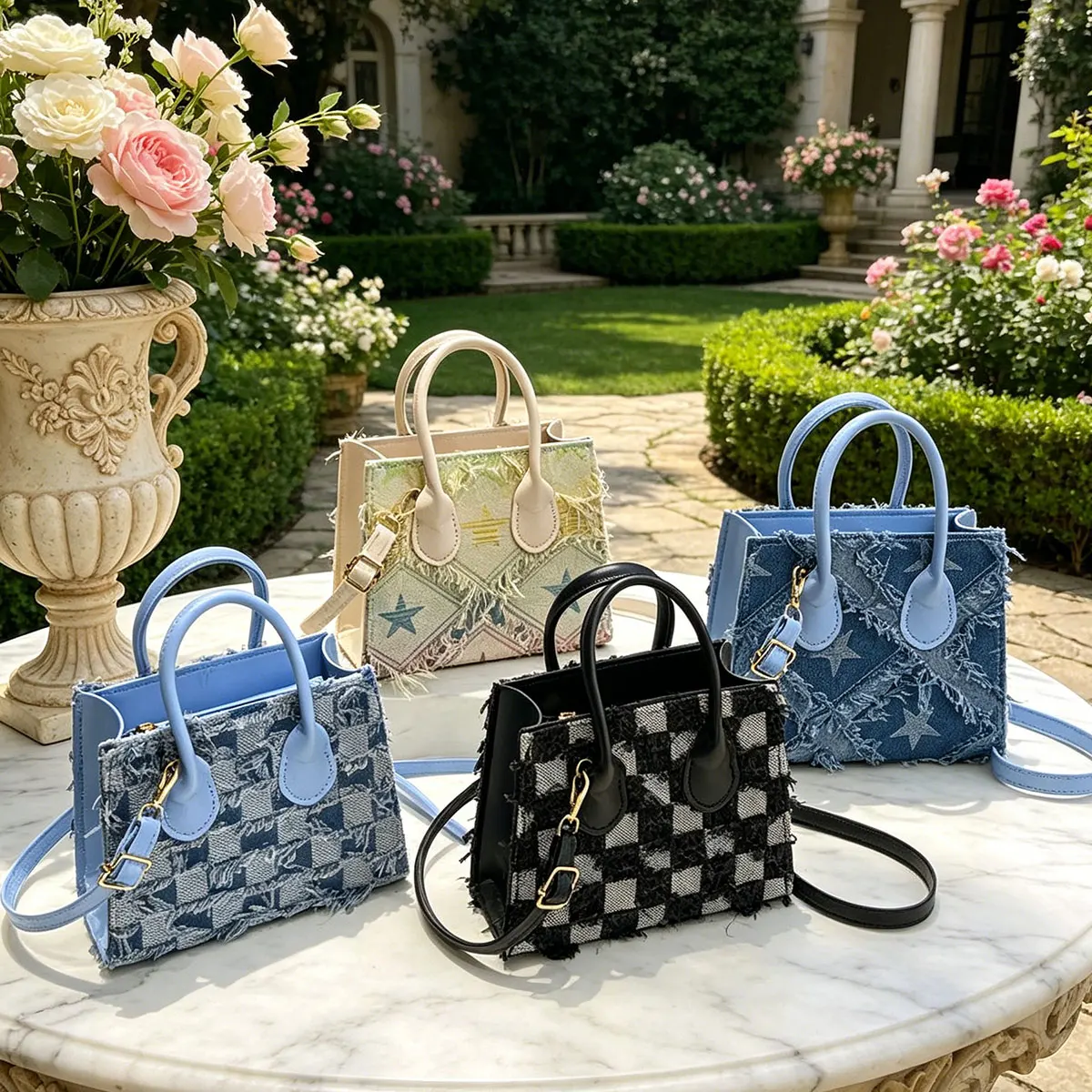 

Sweet and Cool Fashion Gradient Denim Tassel Small Square Bag Plaid Mini Hand-held Shoulder Crossbody Bag Street Commuting