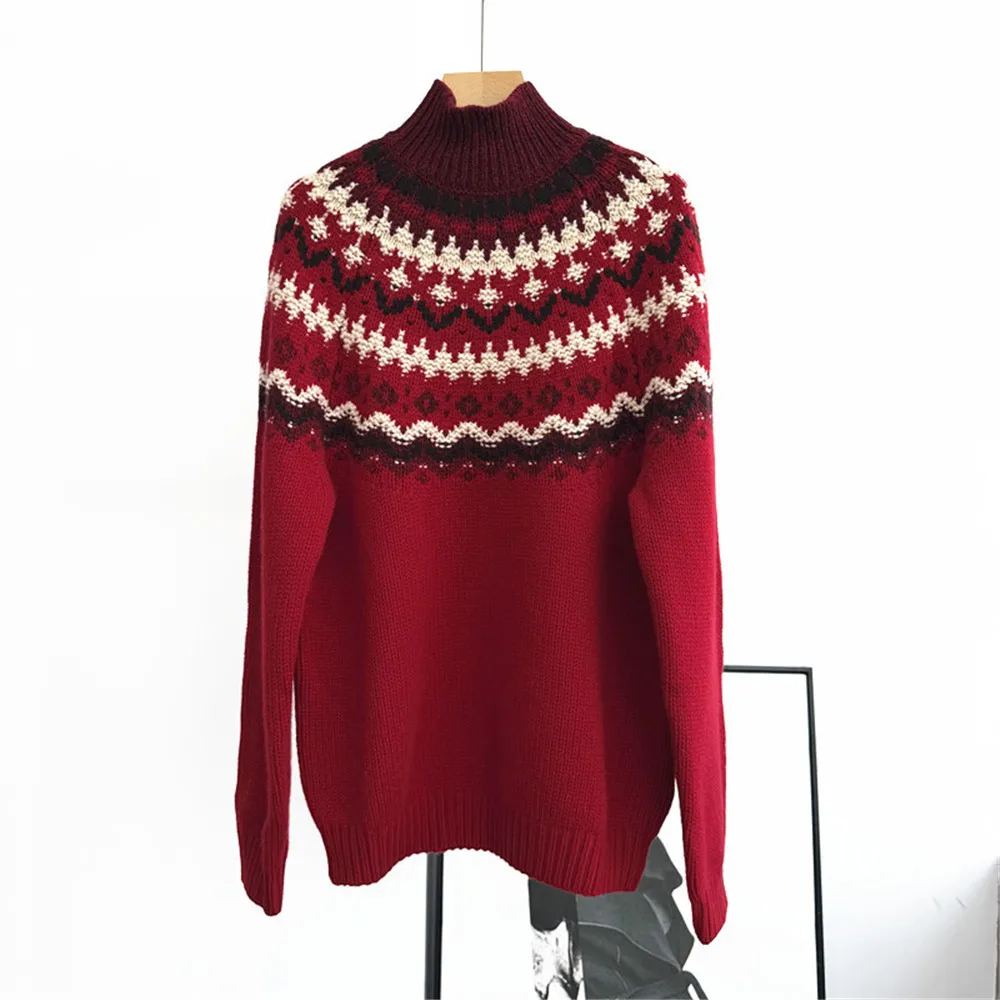 25 Autumn/Winter New Women's Retro High Collar Jacquard Contrast Loose Thick Knitted Pullover