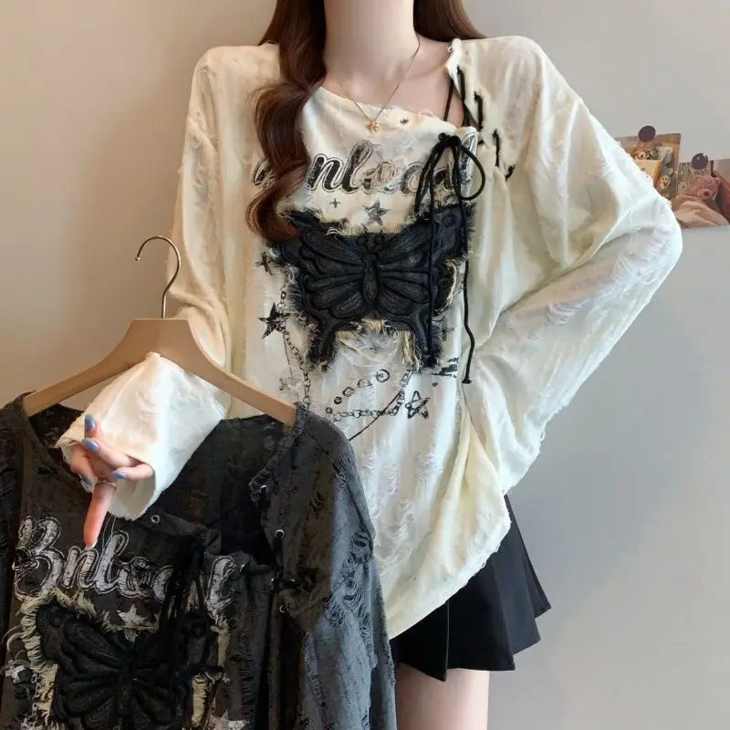 Large size women's clothing spring and autumn wrinkled hole design butterfly pattern drawstring irregular collar long sleeve top