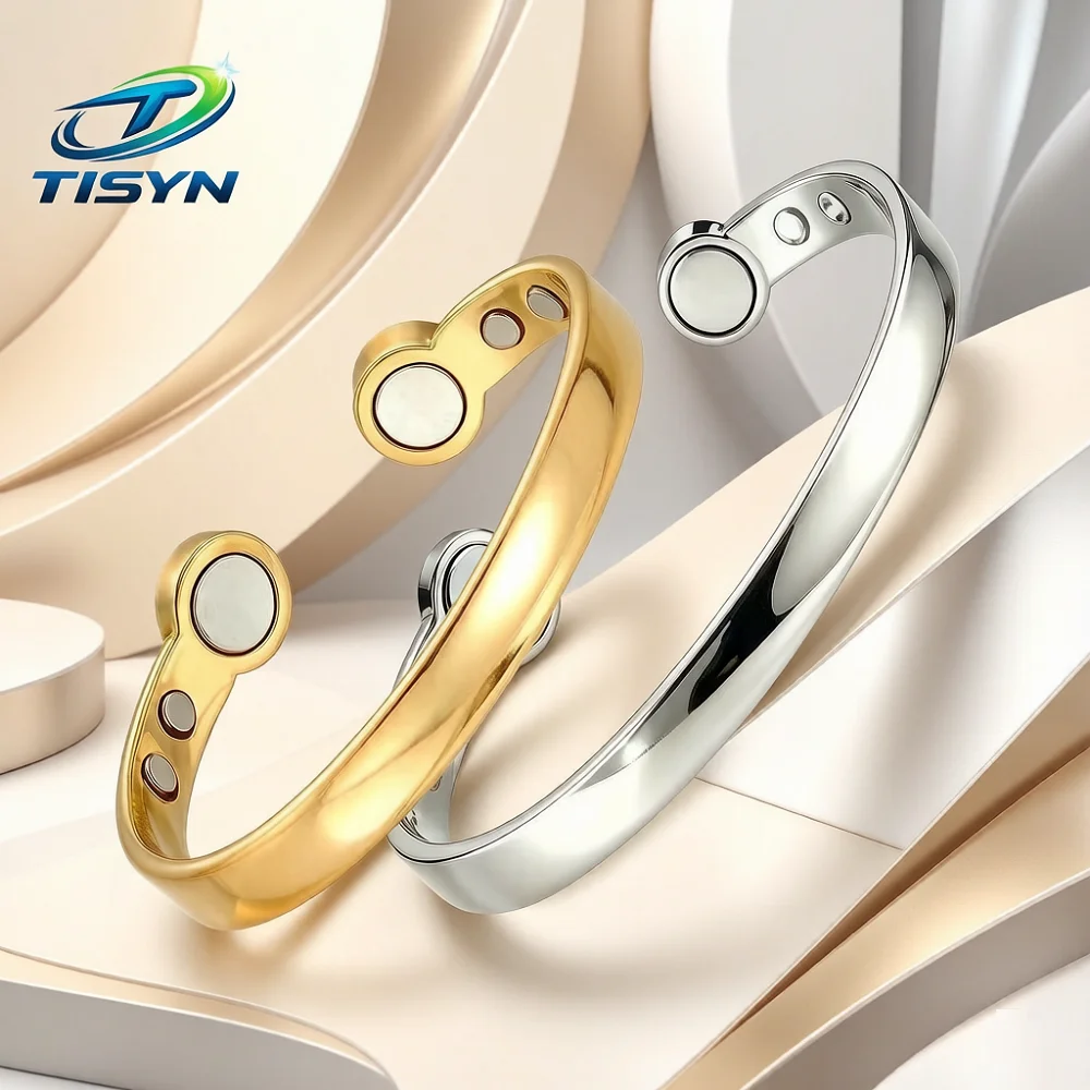 Magnetic Therapy Alloy Cuff Bracelet 5 Colors Rose Gold Black Silver Gold Tone Minimalist Health Jewelry for Women