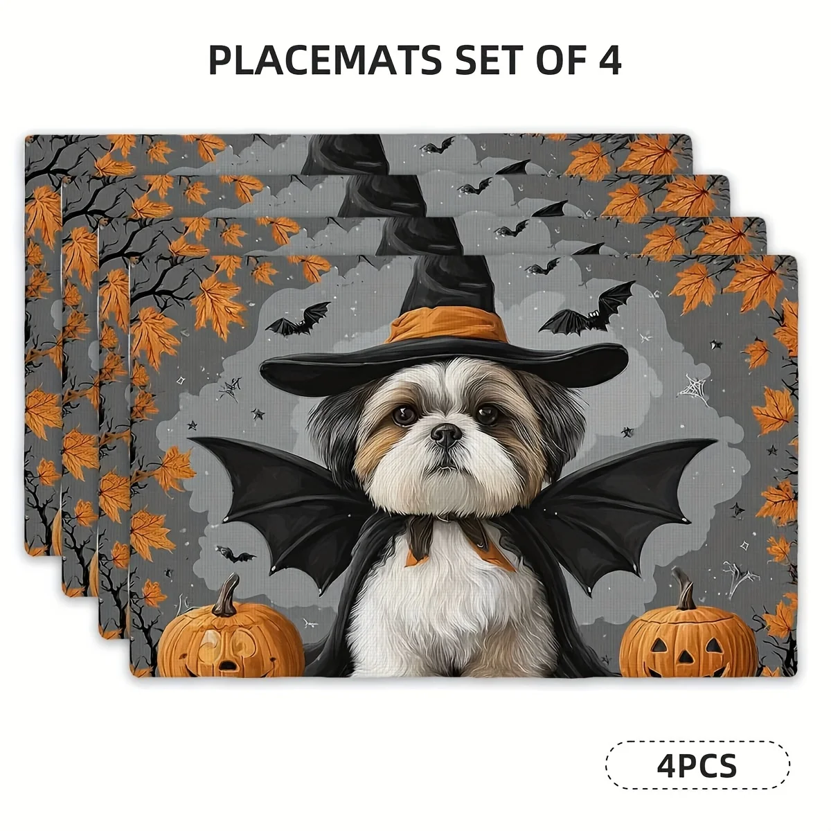 4pcs Halloween Dog Bat Print Placemats Rectangular Polyester Table Mats with Pumpkin Bat Design Perfect for Halloween