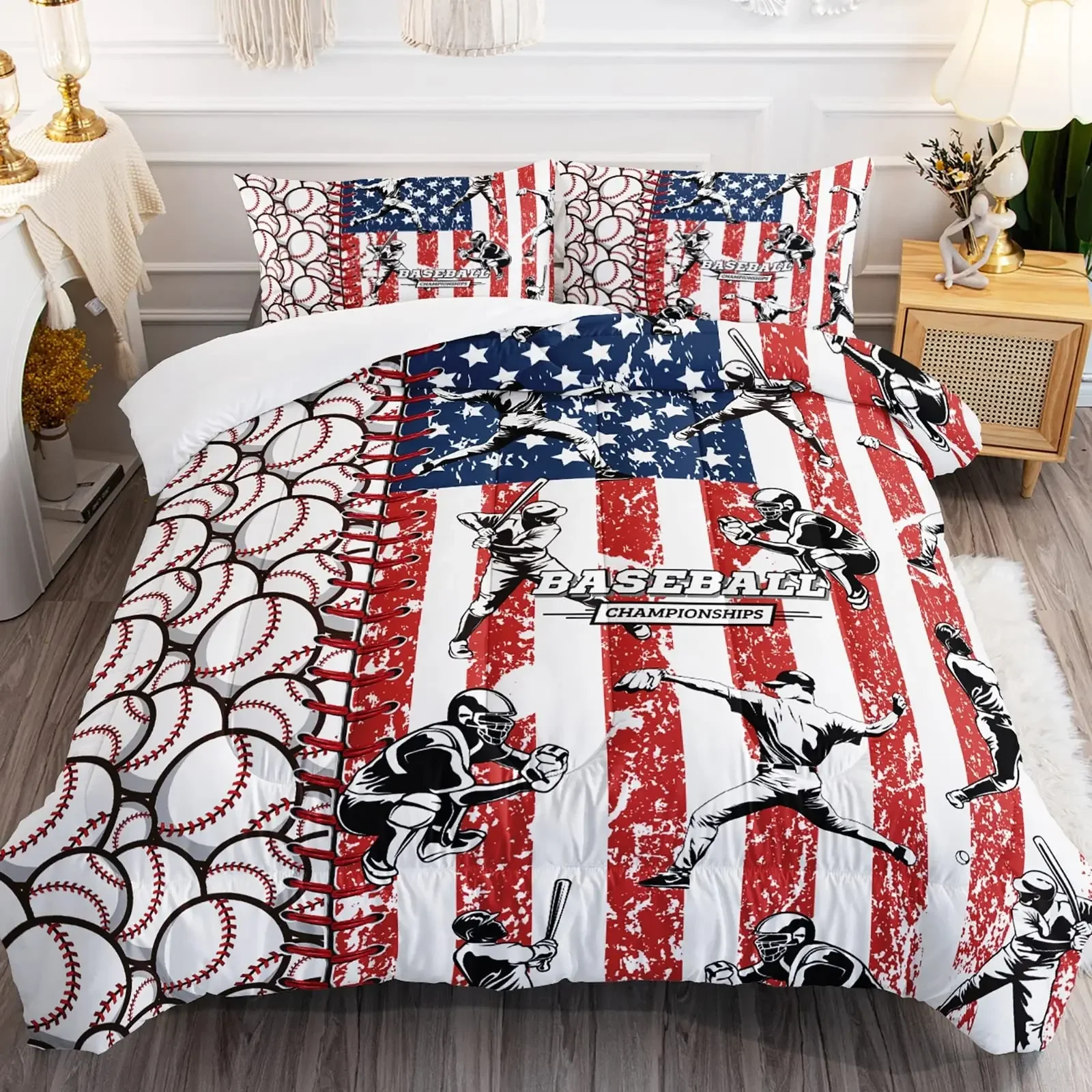 American Flag Bedding Set, Baseball Sports Comforter Set 3 Pcs for Kids Teens Adults Room Decor, Duvet Cover with 2 Pillowcases