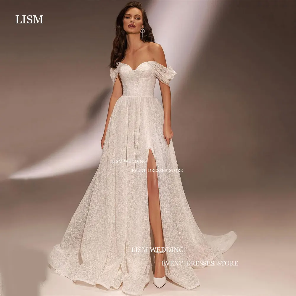 

LISM Sexy Off Shoulder Wedding Dress Lace Sweetheart High Split Bridal Gown Court Train A Line Prom Gown Customer Made