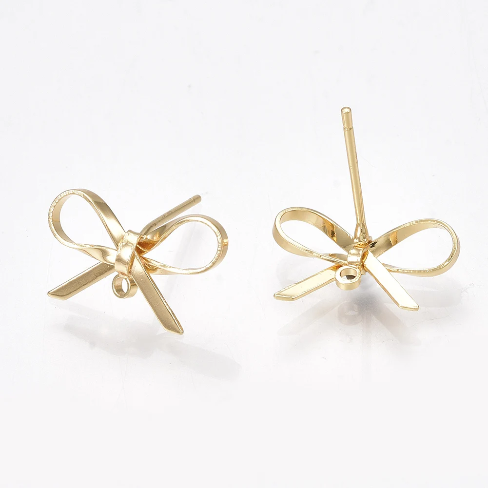 50pcs Brass Bowknot Stud Earring Findings with Loop Real 18K Gold Plated for Women DIY Jewelry Accessories 8~10x15mm Pin 0.7mm