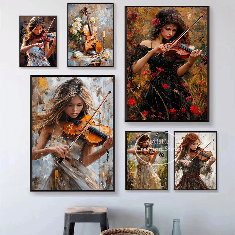 Graceful Violinist in Artistic Harmony Art  Poster Print Musician Girl Canvas Painting Wall Pictures Living Room Home Decor