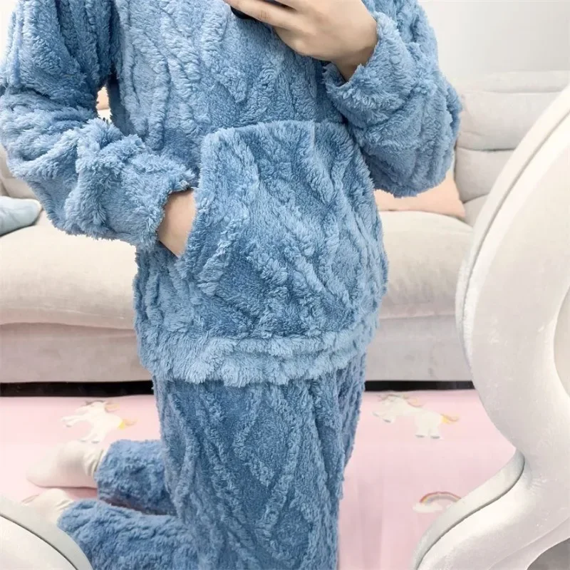 Women\'s Winter Warm Pajamas Sets Comfortable Long Sleeved Solid Color Jacquard Thickened Loose Fleece Pullover 2 Piece Sets