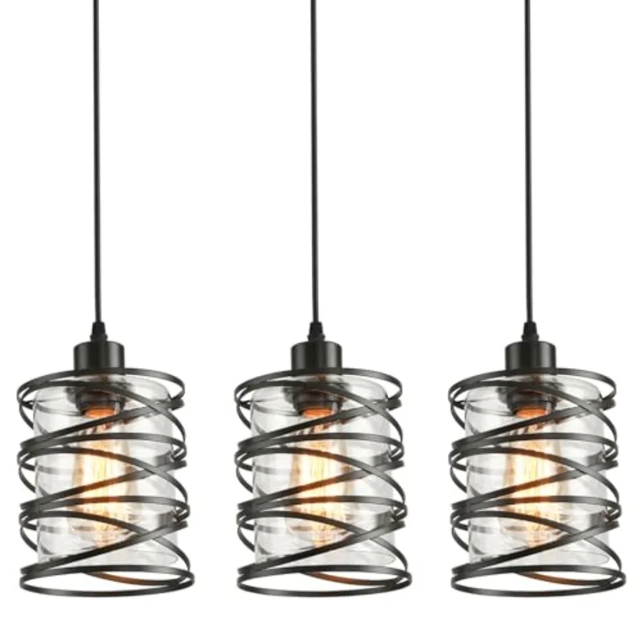 

Pendant Light Kitchen Island Pendant Lighting, Glass Hanging Light with Spiral Cage Clear Glass Shade, Black Modern Indoor Hang
