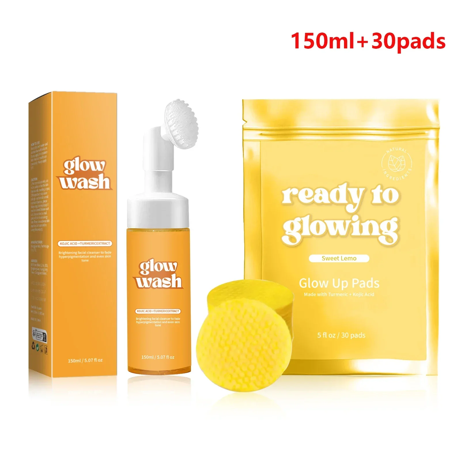 kit-facial-esfoliante-de-curcuma-limpador-de-150ml-e-30-almofadas-com-Acido-de-urso-obtenha-impacidade-e-manchas-escuras-para-pele-brilhante