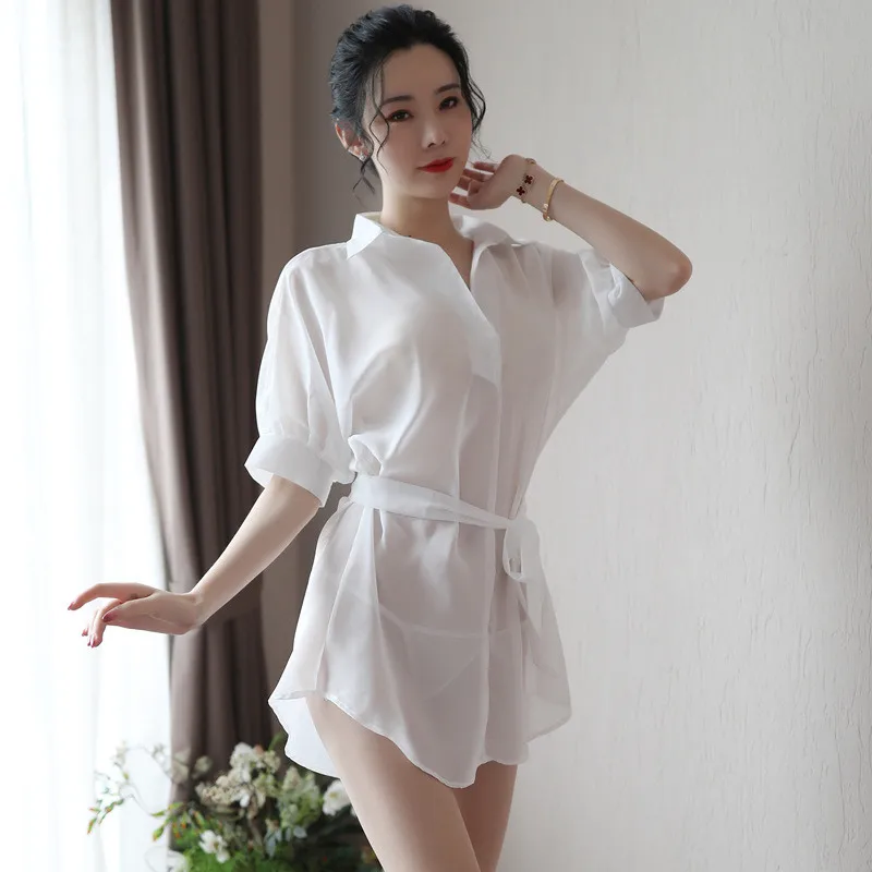 New Hot Sexy Lingerie OL Uniform Costume Summer Style Long Chiffon Shirt Hollow Out Transparent for Women Cosplay Passion Night