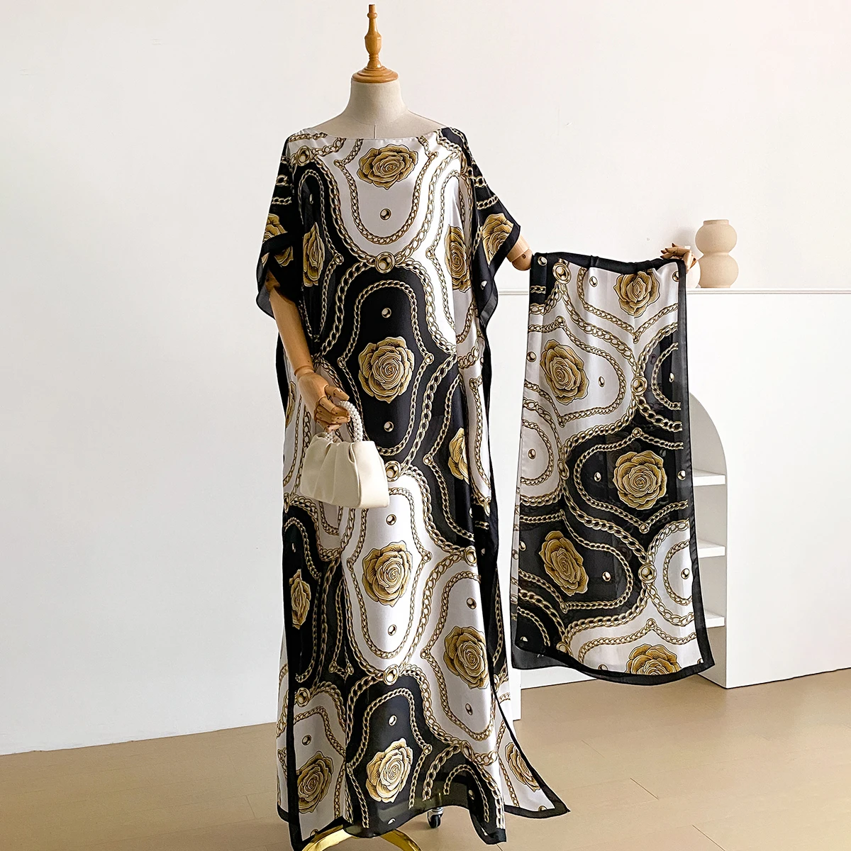 Elegant Printed Muslim Lady Kaftan Dress Summer Beach New Fashion African Long Hijab Oversize Kuwait Abaya for Women
