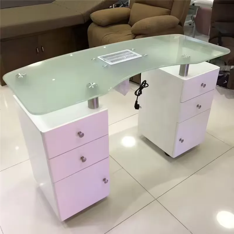 Light Luxury Good Price Beauty Salon Furniture Glass Top Portable Spa White Nail Station Manicure Nail Table With Fan