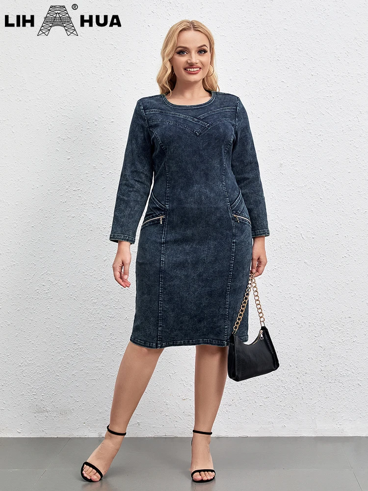 LIH HUA Women\'s Plus Size Denim Dress Round Neck Autumn Chic Elegant Dresses For Chubby Women Woven Cotton Dress