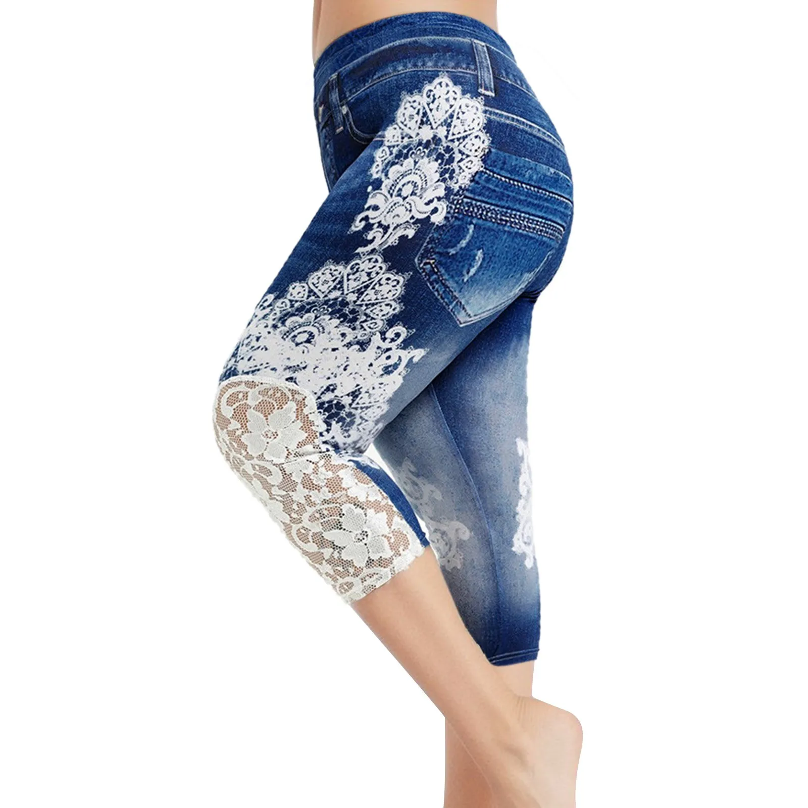 Leggings Women's Flower Printed Leggings Tight Sexy Imitation Denim Casual High Waist Stretch Style Bottoming Pants