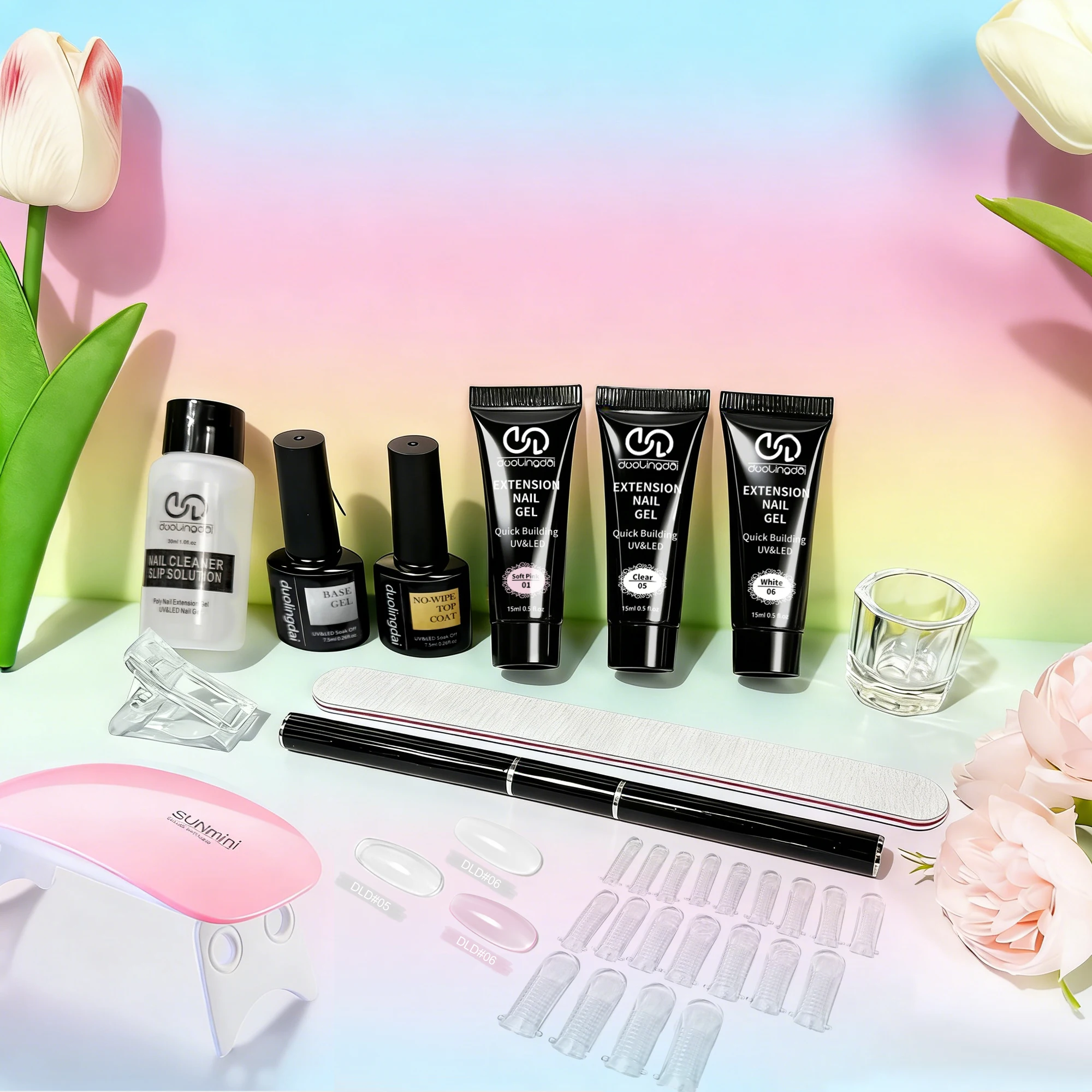 Poly-Gel-Verlängerungswerkzeug-Set, einschließlich 30 ml Reinigungsflüssigkeit, 7,5 ml Grundlack und Decklack, Nagelform, Nagelclip und Nagelbürste