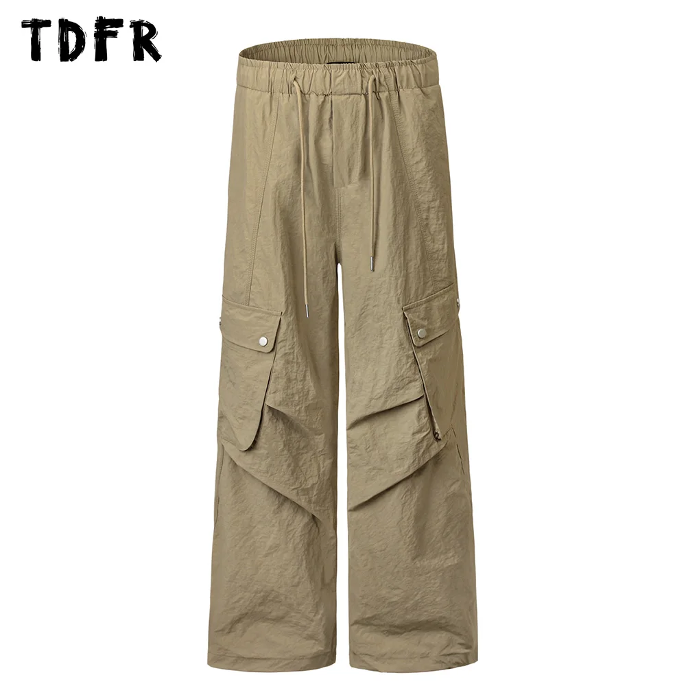 

Pocket Spliced Cargo Joggers Pants Mens Solid Color Safari Style Elastic Waist Loose Wide Leg Trousers Men