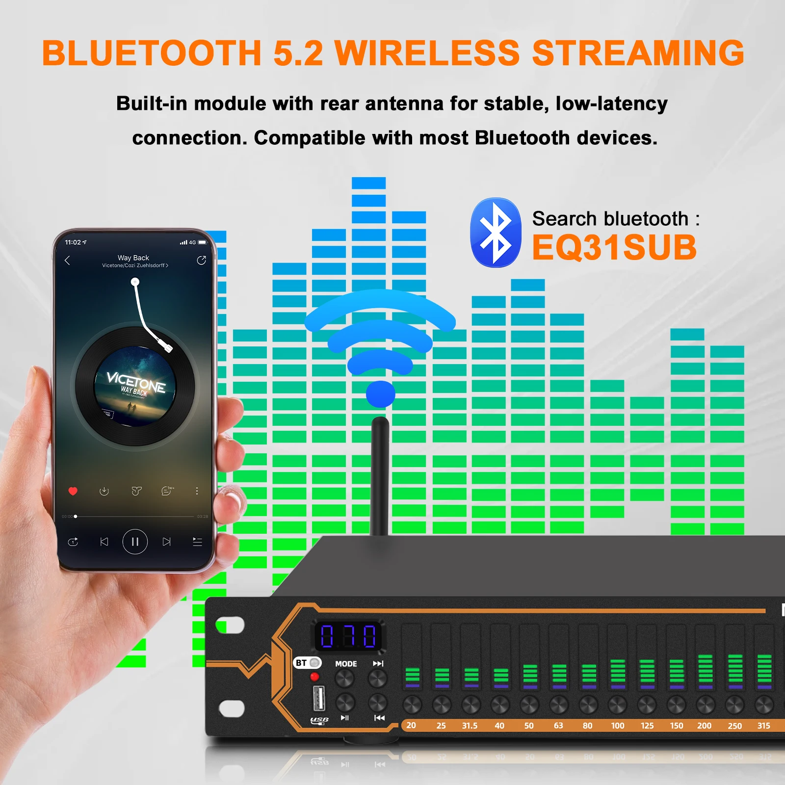 31-Band Digital Equalizer With Anti-Feedback Compressor For Home Karaoke Live Streaming 10 Custom Modes Save & Recall Function