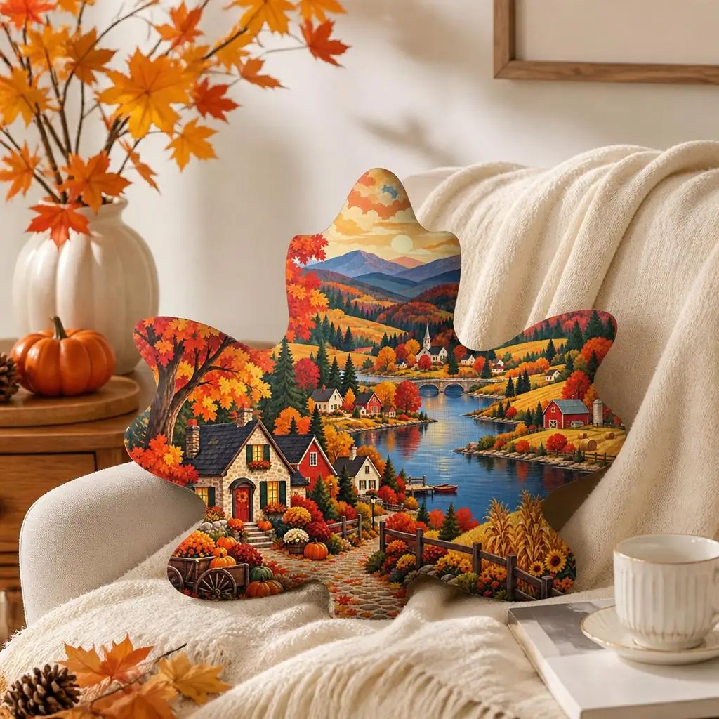 Autumn Village Plush Pillow Fall Country Landscape Cushion Maple Leaves Harvest Farmhouse Throw Pillow Shaped Home Decor