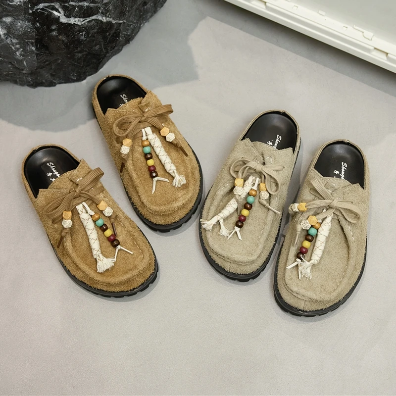 Women's Genuine Leather Non-Slip Half Slippers - Retro Casual Fit