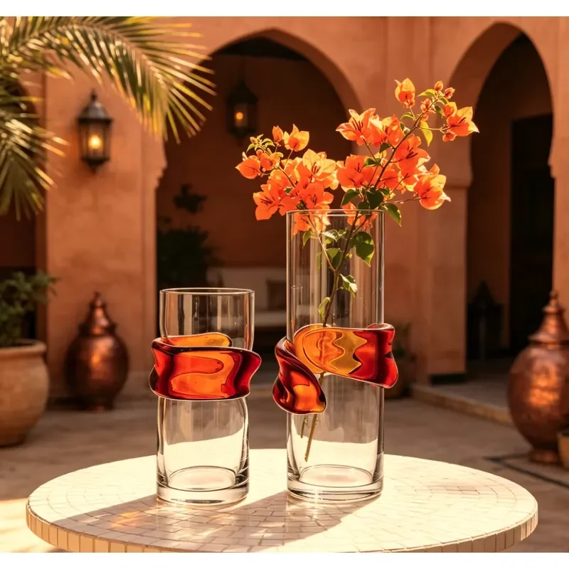Modern Hand Blown Amber Glass Vase Italian Style Art Decor for Home Living Room Hotel Lobby Centerpiece Elegant Flowing