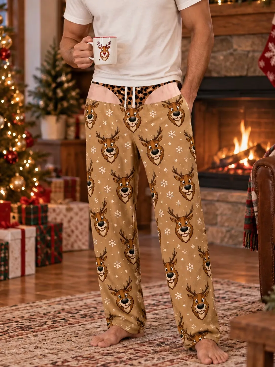 2026 Men funny Christmas Reindeer Print Lounge Pants Drawstring Casual Long Trousers Snowflake Candy Cane Home Pajama Bottoms