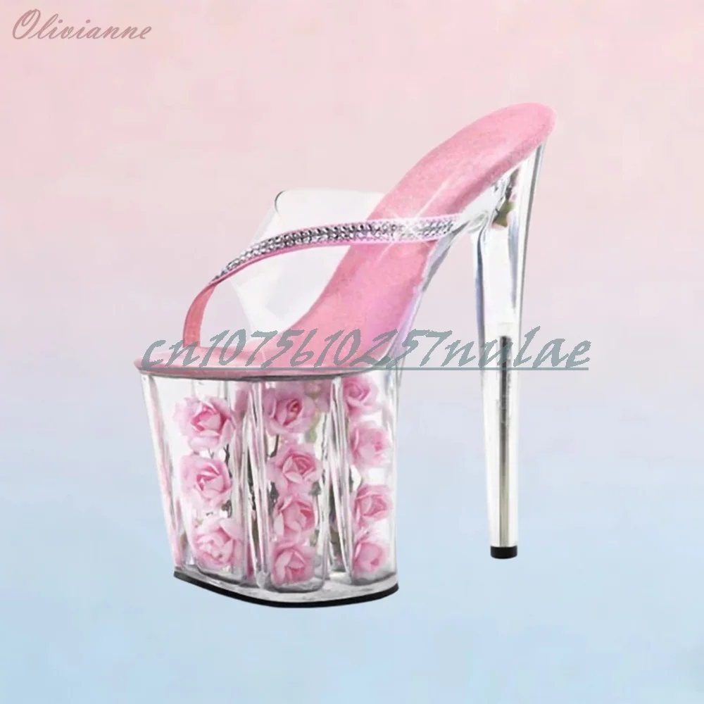 Glitter Strap Clear PVC Belt Sexy Slippers Rose Flowers Hollow Platform Stiletto High Heel Fashion Dance Heels Women Shoes Hot