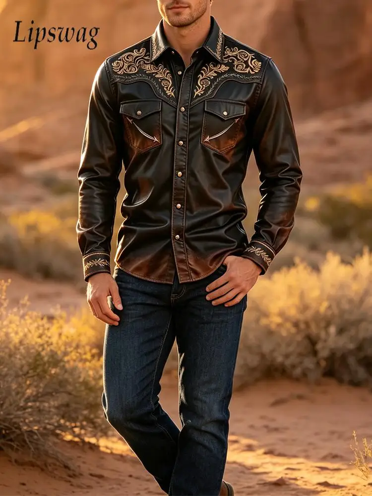 Retro Men Long Sleeve Leather Shirt Autumn Vintage Washed Embroidery Turn-down Collar Daily Outdoor Mens Fashionable Tops Men