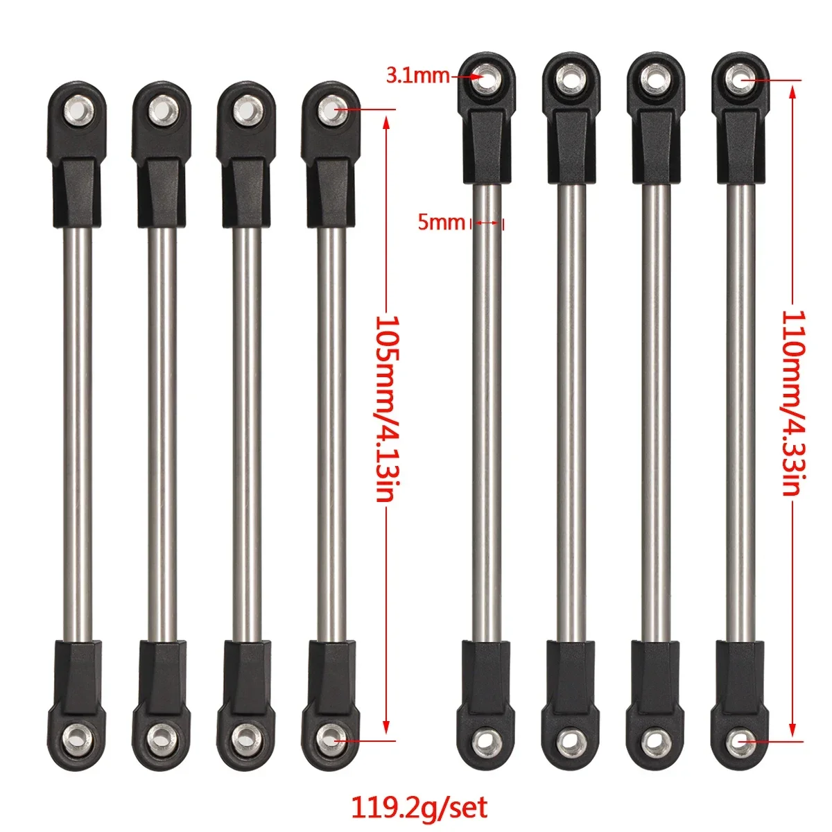 Stalowy zestaw ogniw 5mm o rozstawie osi 275mm z prostymi końcówki drążków M4 dla 1/10 gąsienica RC AUSTARHOBBY SCX10 D90 TF2