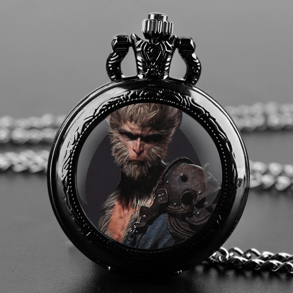 Black Myth: WuKong Game Glass Dome Vintage Arabic Numerals Quartz Pocket Watch Necklace Pendant Clock Chain Mens Boys Gift