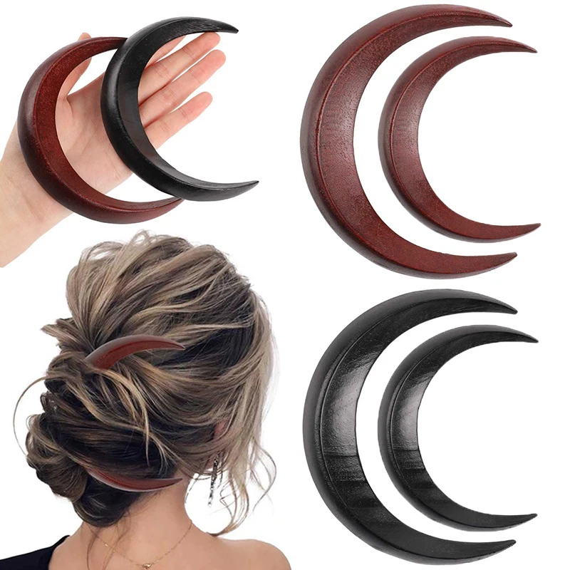 Retro Wooden Moon Hair Sticks Solid Hand Carved Wood Crescent Hair Forks for Women Hairpin Comb Clip Styling Retro Hair Jewelry