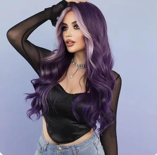 Purple Wig Big Wave Tousled Long Curls Roland Purple Synthetic Wig Full Head Covers Cosplay Wig Fashion Wigs for Women