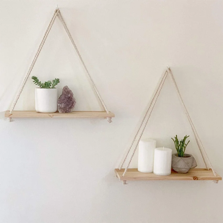 1PC Hanging Shelves for Wall Floating Shelves, Macrame Rope Triangle Shelf, Natural Light Reclaimed Wood, Farmho