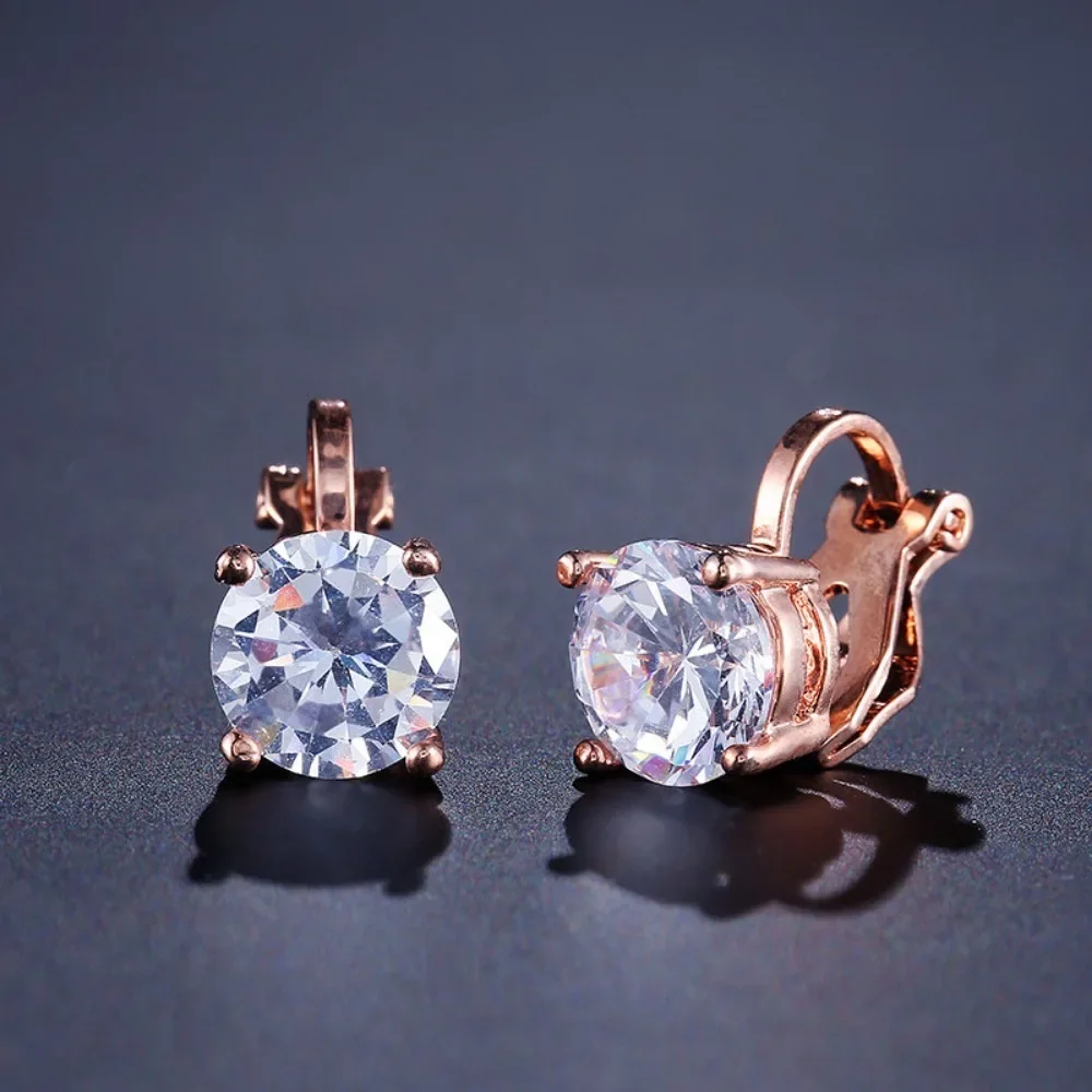 Trendy Round Cubic Zirconia Copper Clip Earrings For Women Gold Color Crystal Metal Earring Party Wedding Daily Jewelry