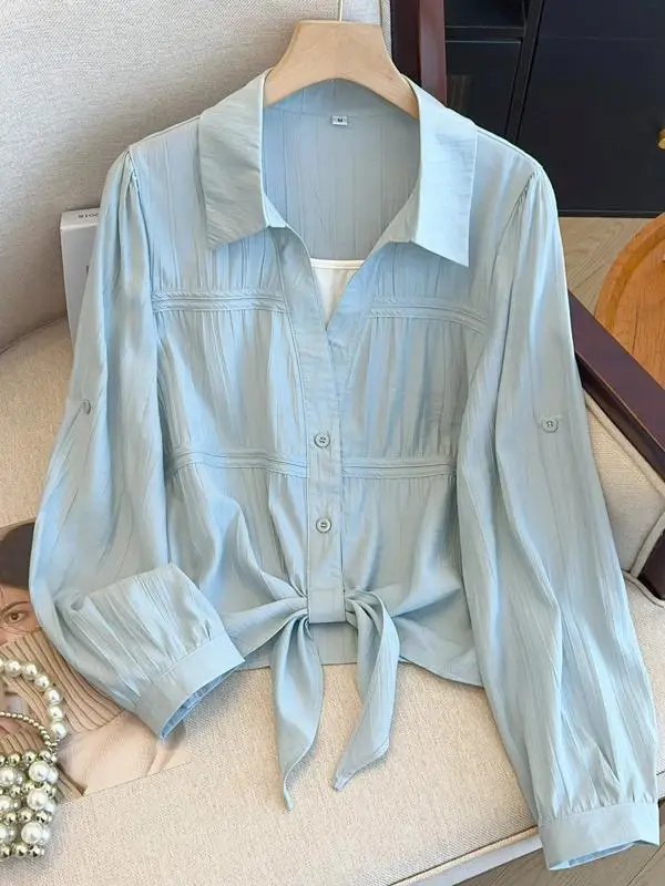 

Синяя женская блузка с длинным рукавом, весенняя новинка, маленький размер, уникальный дизайн, с узлом по низу, свободного кроя, стройнящая, универсальная, в корейском стиле, для повседневной носки