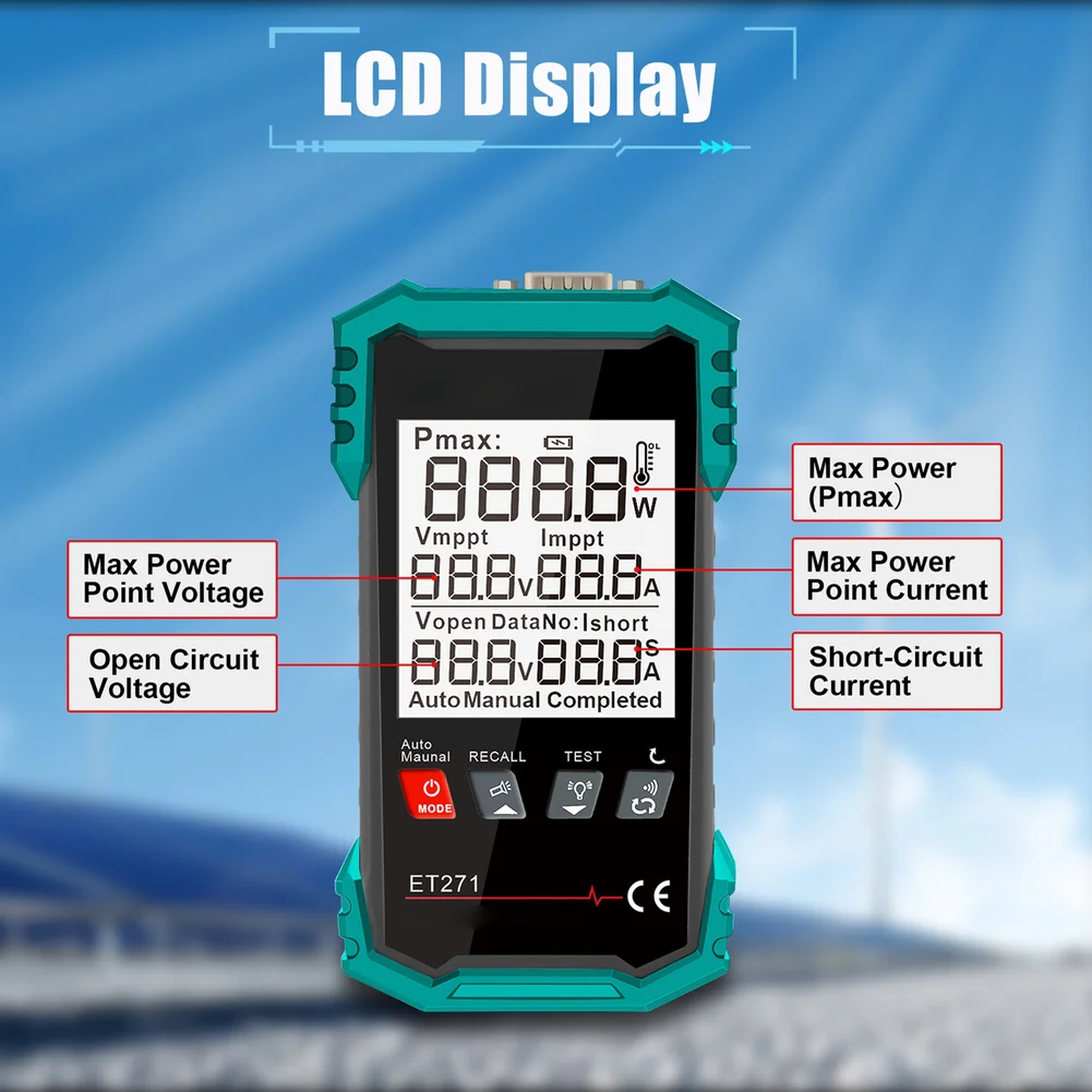 

Тестер солнечных модулей ET271 с функцией сохранения данных и памятью на 30 наборов для полевых испытаний фотоэлектрических систем мощностью до 2000 Вт, 90 В, 40 А