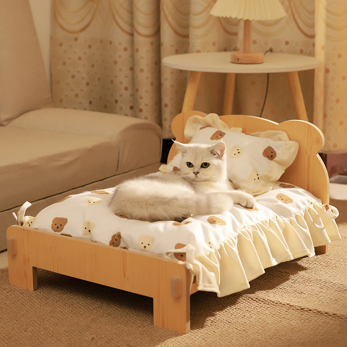 Cama de madera para gatos y perros con patrón de oso de peluche, muebles para mascotas de interior, cama de piso a techo (20x11 pulgadas), cómoda y duradera