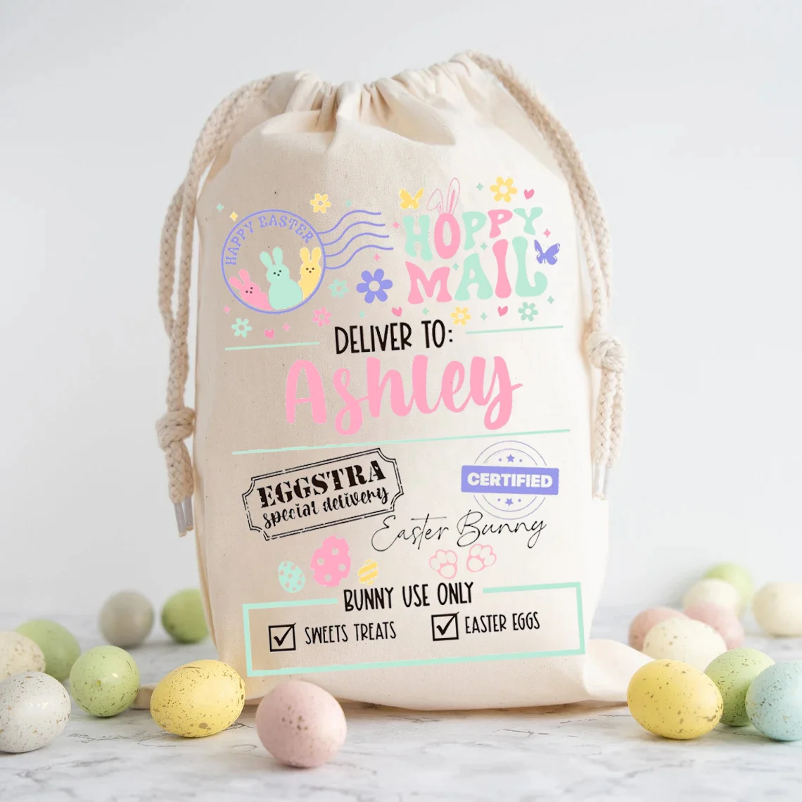 2025 Personalised Easter Rabbit Gift Bag for Girls Custom Special Delivery Easter Treat Bag Snacks Egg Hunt Trail Basket Bucket