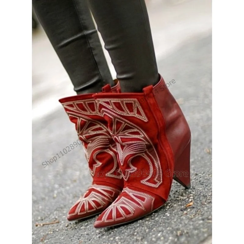 Red Totem Design Tapered Heel Pointed Toe Boots Slip On Women Shoes Strange Style Heels Fashion Banquet 2023 Zapatos Para Mujere