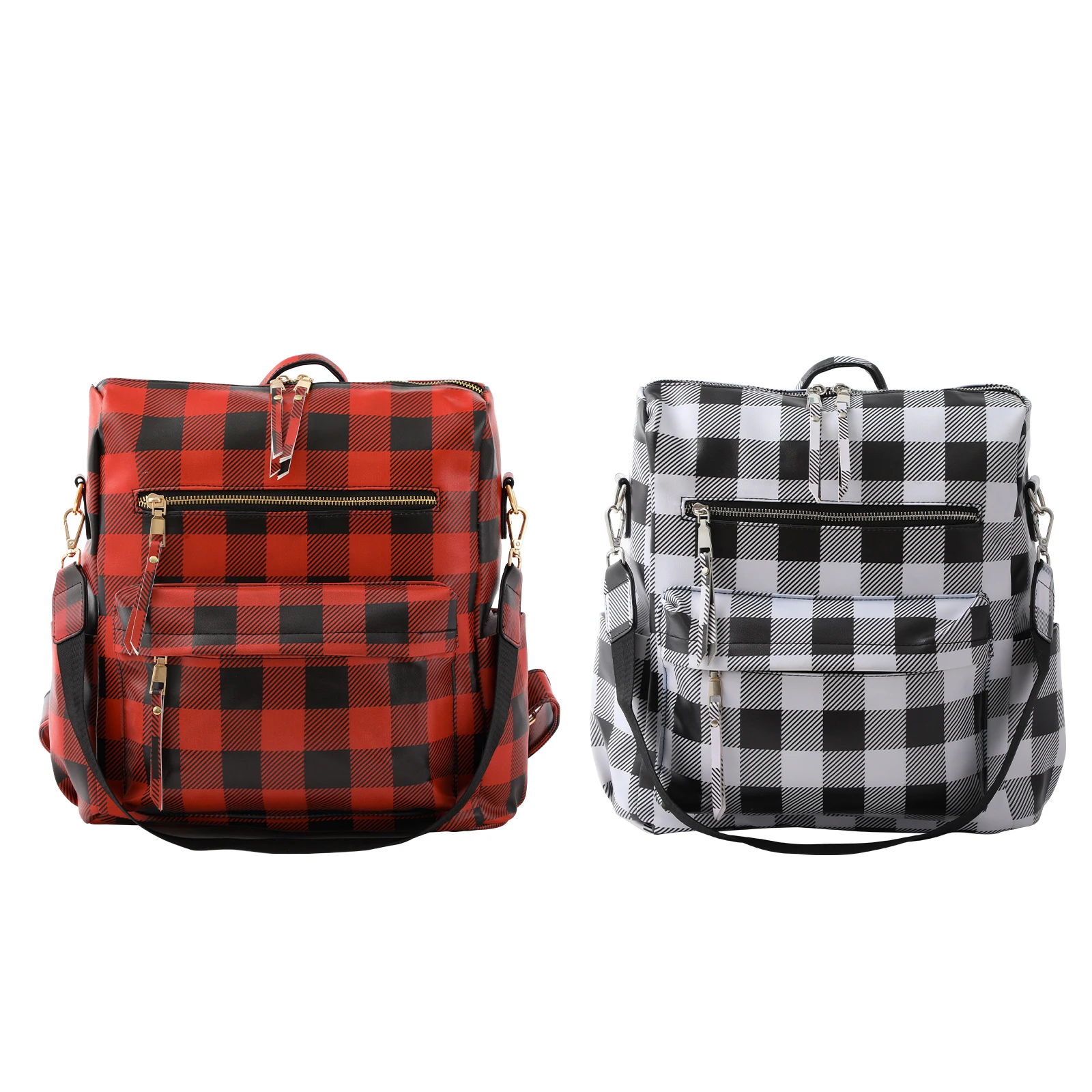 Backpack Purse Women PU Faux Leather Buffalo Plaid Check Tote Handbags Functional Camel Leather Travel Shoulder Bag