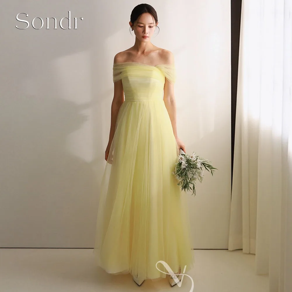 

Sondr Customized Yellow Tulle Off the Shoulder Korean Evening Gown A Line Floor-Length Elegant Bridal Wedding Photo Shoot Dress