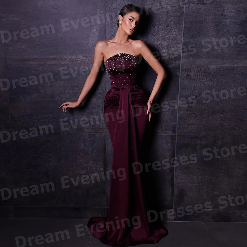 Elegant Mermaid Women's Evening Dresses Strapless Sleeveless Customized Prom Gowns Beaded Backless Pleat شارون سعيد فساتين سهره