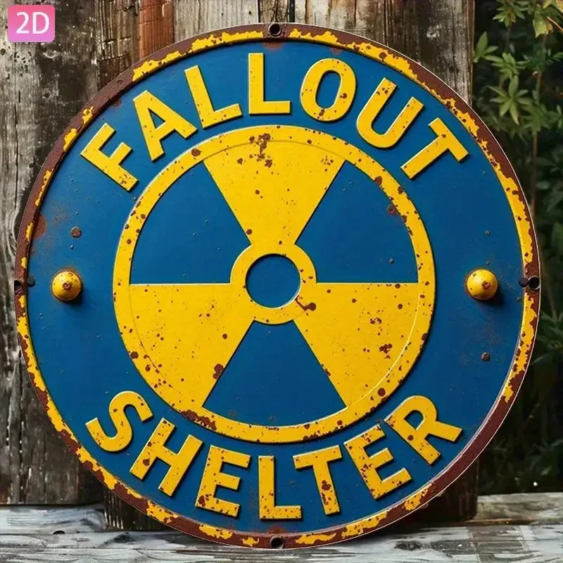2D Flat, 1pc Vintage Fallout Shelter Metal Aluminum Wall Sign - Retro Nuclear Radiation Warning Sign with Yellow & Blue Design