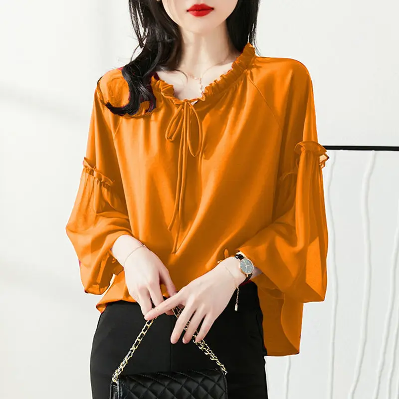 Women Ruffle Lace Up Elegant Chic Blouses Trendy Solid Loose Long Sleeve Shirts Simple Casual Streetwear Sweet Tops Female Ropa