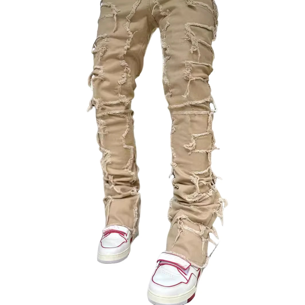 بنطلون جينز رجالي بقصة مستقيمة، موضة الشارع، رائج على إنستغرام، بنطلون دينيم مرقع مرن، خصر متوسط، إغلاق بسحاب، مزيج قطني #4