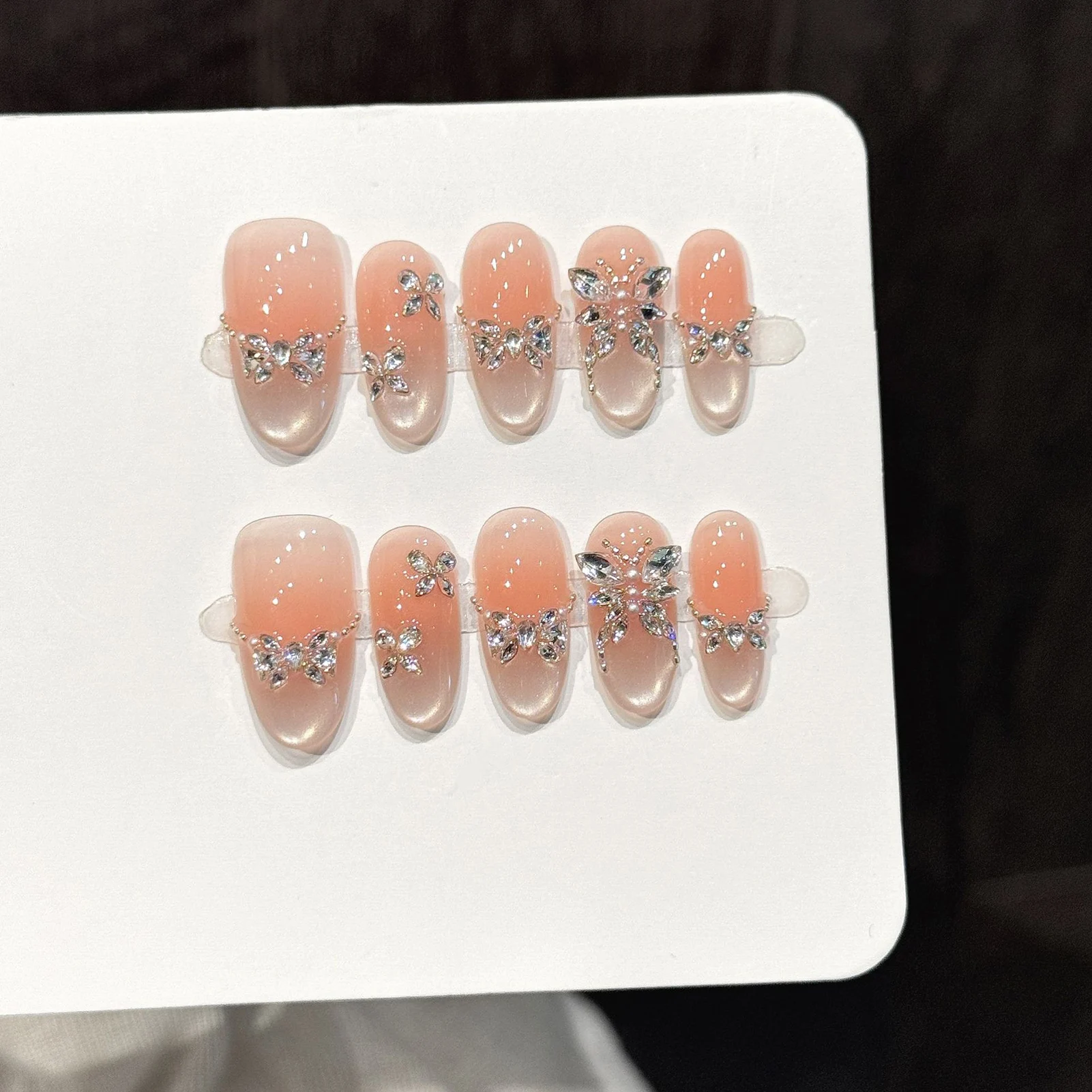 10pcs Fairy Crystal Butterfly Press On Nails Handmade Blush Pink Cat's Eye French Style False Nails Sweet Short Oval Fake Nail