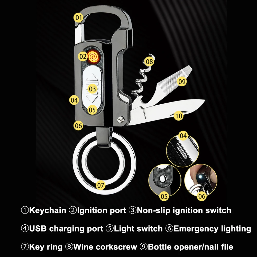 Keychain Wine Opener Knife Flashlight One-word Screwdriver Multi-function Metal Windproof Electronic Lighter Gadget